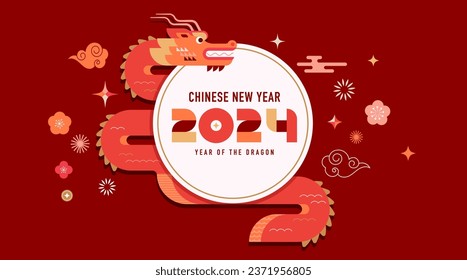 Lunar new year background, banner, Chinese New Year 2024 , Year of the Dragon. Geometric vector flat modern style