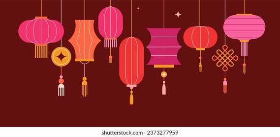 Lunar new year background, banner, Chinese New Year 2024 , Year of the Dragon. Geometric vector flat modern style