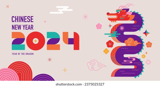 Lunar new year background, banner, Chinese New Year 2024 , Year of the Dragon. Geometric vector flat modern style