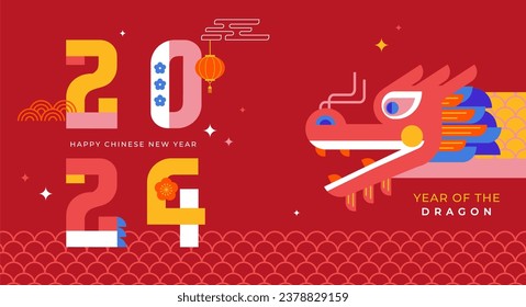 Antecedentes del año nuevo lunar, cartel, Año nuevo chino 2024 , Año del dragón. Ilustración vectorial geométrica en estilo moderno plano