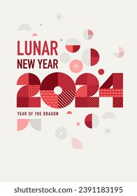 Lunar new year background, banner, Chinese New Year 2024 , Year of the Dragon. Geometric vector flat modern style