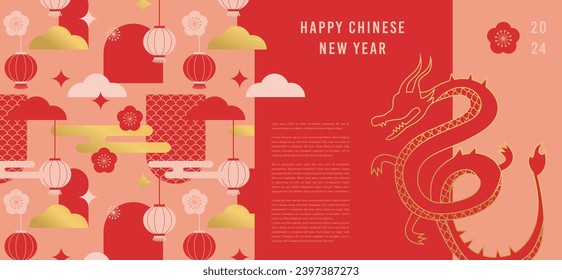 Lunar new year background, banner, Chinese New Year 2024 , Year of the Dragon. Traditional minimalist modern style. Vector concept design