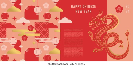 Lunar new year background, banner, Chinese New Year 2024 , Year of the Dragon. Traditional minimalist modern style. Vector concept design