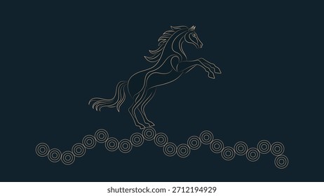 Mond-Neujahr-Hintergrund-Design mit minimalistischen Linie Kunst Pferd Illustration mit Gold-Umriss und kreisförmigen Muster