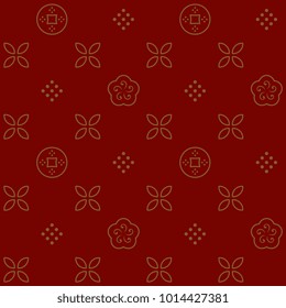 Lunar New Year background, gold flowers, coins, dot squares regular seamless pattern.  Simple design of gold mini circle. Decoration; polygraphic products; print paper; fabric; web design. 