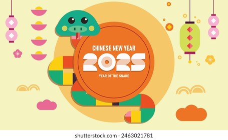 Fondo del año nuevo lunar, cartel, Año Nuevo chino 2025, Año nuevo de la serpiente, Feliz Año Nuevo 2025 Plantilla de anuncio de arte moderno, Estilo retro, Estilo de Vector geométrico moderno