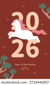 Plantilla de fondo de año nuevo lunar con pino y caballo.