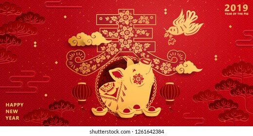 Projeto de banner de ano novo lunar com porquinho de cor dourada na palavra primavera escrita em caracteres chineses, fundo auspicioso vermelho