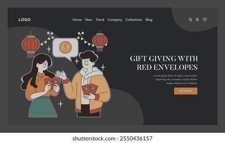 Lunar New Year celebration concept. A couple exchanges lucky money in red envelopes under festive lanterns. Tradition, auspiciousness, cultural exchange. Vector illustration.