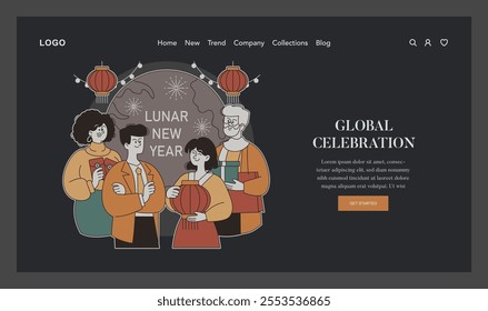 Lunar New Year celebration concept. Family members in traditional attire with festive decorations and gifts. Celebrating cultural heritage and togetherness. Vector illustration.