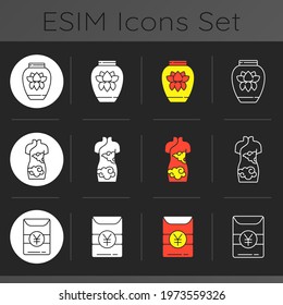 Lunar New Year celebration dark theme icons set. Chinese porcelain and ceramics. Red cheongsam. Hong bao. Linear white, solid glyph and RGB color styles. Isolated vector illustrations