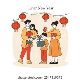 Celebración del Año Nuevo Lunar con la familia intercambiando regalos bajo faroles rojos. Alegre reunión festiva para una ocasión tradicional de vacaciones. Ilustración vectorial.