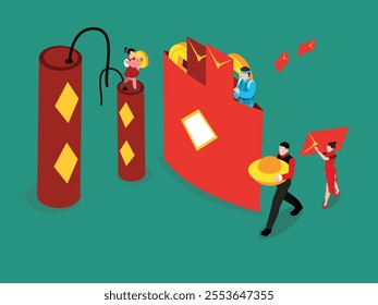 Lunar New Year Celebration with Firecrackers, Red Envelopes, and Prosperity Symbols 3d isometric vector illustration