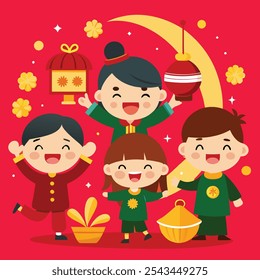 Lunar New Year Celebration Illustration Shows Happy Children with Festive Decoration, Capturing Joy and Tradition of Chinese New Year
Ideal for greeting cards, festive banners, or educational material