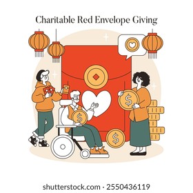 Lunar New Year charity concept. People donating money through big red envelope adorned with heart symbol, promoting generosity. Vector illustration.