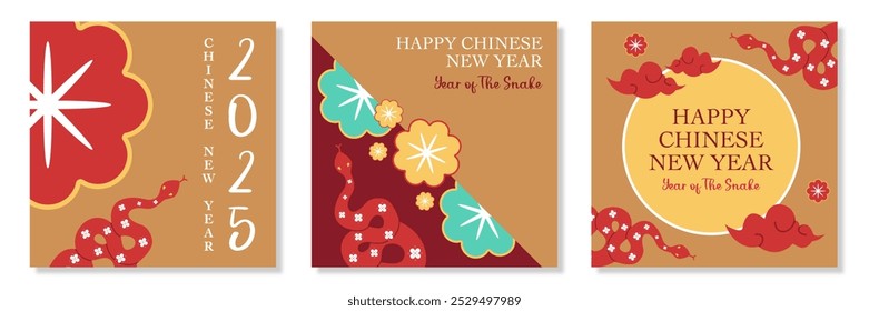 Lunar new year, Chinese new year 2025 and year of the Snake template set with zodiac snake and flower symbol illustration in brown background for social media, cover, card, poster, banner, flyer, web