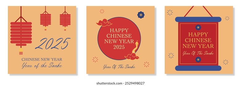 Lunar new year, Chinese new year 2025 and year of the Snake template set with zodiac snake and lantern symbol illustration in brown background for social media, cover, card, poster, banner, flyer, web
