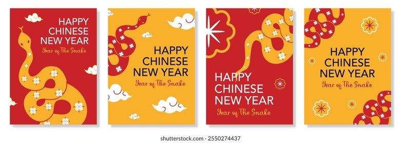 Lunar new year, Chinese new year 2025 and year of the Snake template set with zodiac snake and cloud symbol illustration in red background, geometric design for cover, card, poster, banner, flyer, web