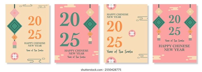 Lunar new year, Chinese new year 2025 and year of the Snake template set with zodiac snake and flower symbol illustration in pink, cream background, geometric cover design, card, poster, banner, flyer