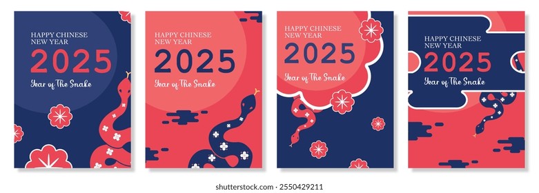 Año nuevo lunar, año nuevo chino 2025 y año de la Plantilla de la serpiente con la ilustración del símbolo de la serpiente y de la flor del zodiaco en rojo, fondo azul, diseño geométrico de la cubierta, tarjeta, cartel, Anuncio, volante.