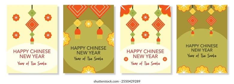 Lunar new year, Chinese new year 2025 and year of the Snake template set with flowers symbol vector illustration in green background, geometric cover design, card, poster, banner, flyer, social media.