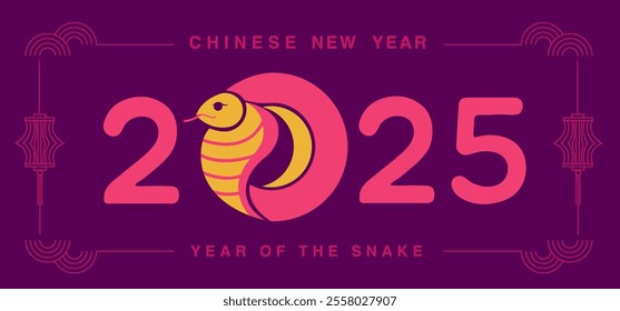 Lunar new year, Chinese New Year 2025 ,Year of the Snake ,line art , outline ,simple ,Geometric linear