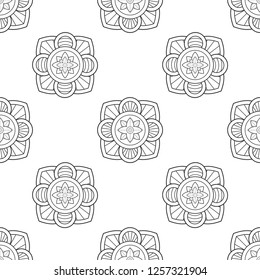 Lunar New Year Chinese coins retro motif. Exotic seamless vector pattern for adult colouring book, interior, wallpaper, fabric, textile, phone case. Vintage allover geometric flower graphic design.