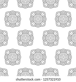 Lunar New Year Chinese coins retro motif. Exotic seamless vector pattern for adult colouring book, interior, wallpaper, fabric, textile, phone case. Vintage allover graphic flower icon geometric print