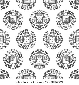 Lunar New Year Chinese coins retro motif. Exotic seamless vector pattern for adult colouring book, interior, wallpaper, fabric, textile, phone case. Vintage allover geometric flower graphic design.