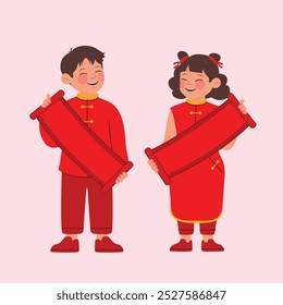 Año Nuevo Lunar, Año Nuevo Chino. Niño feliz y lindo con sonrisa y tarjeta de felicitación en la ropa tradicional, Ilustración vectorial plana y diseño con vibraciones de decoración roja.