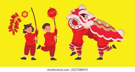 Lunar New Year, Chinese New Year. Happy and cute kid with smile, raise the red lantern, firecrackers and lion dance in traditional clothing, flat vector illustration.