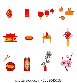 Lunar New Year Clipart. Traditional Lunar New Year icon set. Red envelope, lanterns, plum blossom, firecrackers, dumplings, tangerines, fish, bamboo and more. Print, web, stickers, cards, decor