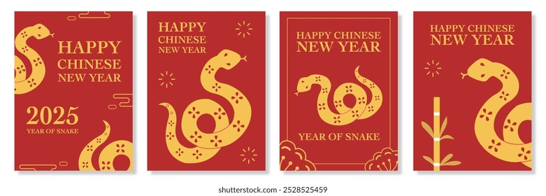 Lunar new year concept, Chinese new year 2025 and year of the Snake set with Chinese zodiac Snake symbol illustration in red background, geometric design for cover, card, poster, banner, flyer, web.