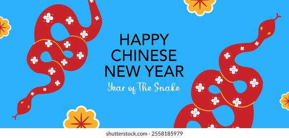 Lunar new year concept, Chinese new year 2025 and year of the Snake with Chinese zodiac Snake and flowers symbol illustration in blue background, geometric design, card, poster, banner, flyer, web.