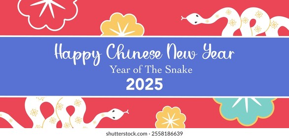 Lunar new year concept, Chinese new year 2025 and year of the Snake with Chinese zodiac Snake and flowers symbol illustration in red background, geometric design, card, poster, banner, flyer, web.
