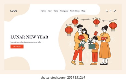 Lunar New Year concept. Family exchanging gifts and decorations, celebrating Asian cultural festivities. Joyous moments with loved ones. Vector illustration.