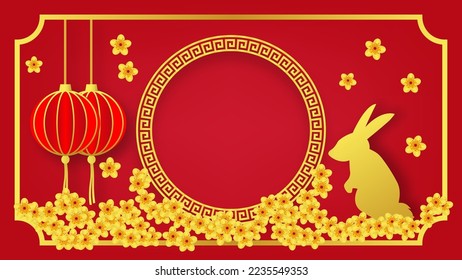 lunar new year concept. gold rabbit with lanterns and decorative lucky flower on red background with blank space for greeting design