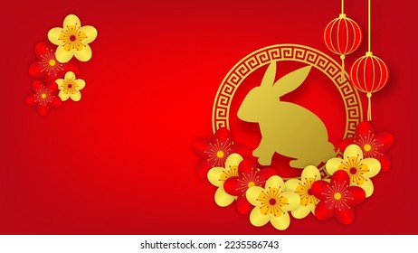 lunar new year concept. gold rabbit with lanterns and decorative lucky flower on red background with blank space for greeting design