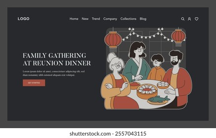 Lunar New Year concept. Illustration of a family enjoying a reunion dinner with traditional decorations. Celebrating cultural festivity together. Vector illustration.