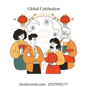 Lunar New Year concept. Multigenerational family celebrating with traditional decorations and gifts. Joyful reunion and festive mood. Vector illustration.