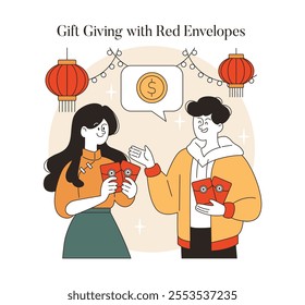 Lunar New Year concept. Two people sharing red envelopes for good fortune and prosperity. Traditional exchanges celebrating Asian culture. Vector illustration.