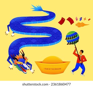 Lunar new year dragon dance performance elements isolated on yellow background. Including traditional Chinese dragon, gold ingot, dancer holding tassel ball and festive decorations.