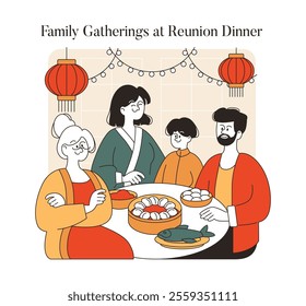 Lunar New Year Family Dinner concept. Multi-generational family enjoying traditional reunion dinner with festive decorations. Asian culture celebration, unity, and togetherness. Vector illustration.