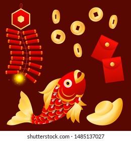 Lunar New Year fish. Coin, money, red wallets, petards. New Year concept. Realistic vector illustration can be used for topics like Chinese symbols, prosperity, wealth