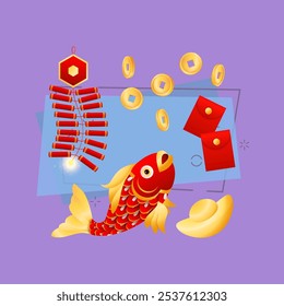 Lunar New Year fish. Coin, money, red wallets, petards. New Year concept. Realistic vector illustration can be used for topics like Chinese symbols, prosperity, wealth