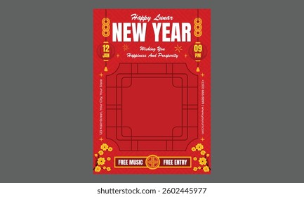 Lunar New Year Flyer. Luxurious Red and Gold Templates Featuring Natural Abstract Designs with Clouds, Circles, and Ornaments. Chinese New Year Posts, Stories, Flyers.
