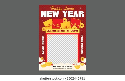 Lunar New Year Flyer. Luxurious Red and Gold Templates Featuring Natural Abstract Designs with Clouds, Circles, and Ornaments. Chinese New Year Posts, Stories, Flyers.
