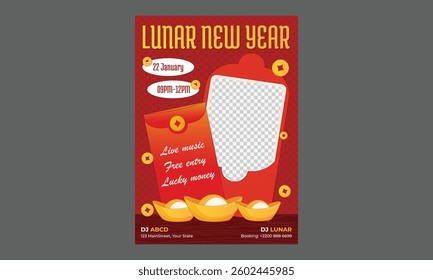 Lunar New Year Flyer. Luxurious Red and Gold Templates Featuring Natural Abstract Designs with Clouds, Circles, and Ornaments. Chinese New Year Posts, Stories, Flyers.
