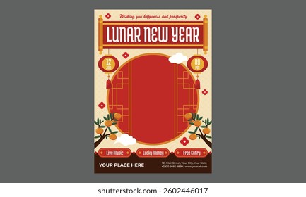 Lunar New Year Flyer. Luxurious Red and Gold Templates Featuring Natural Abstract Designs with Clouds, Circles, and Ornaments. Chinese New Year Posts, Stories, Flyers.
