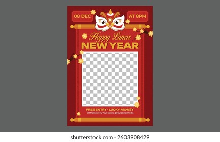 Lunar New Year Flyer.  Luxurious Red and Gold Templates Featuring Natural Abstract Designs with Clouds, Circles, and Ornaments. Chinese New Year Posts, Stories, Flyers.